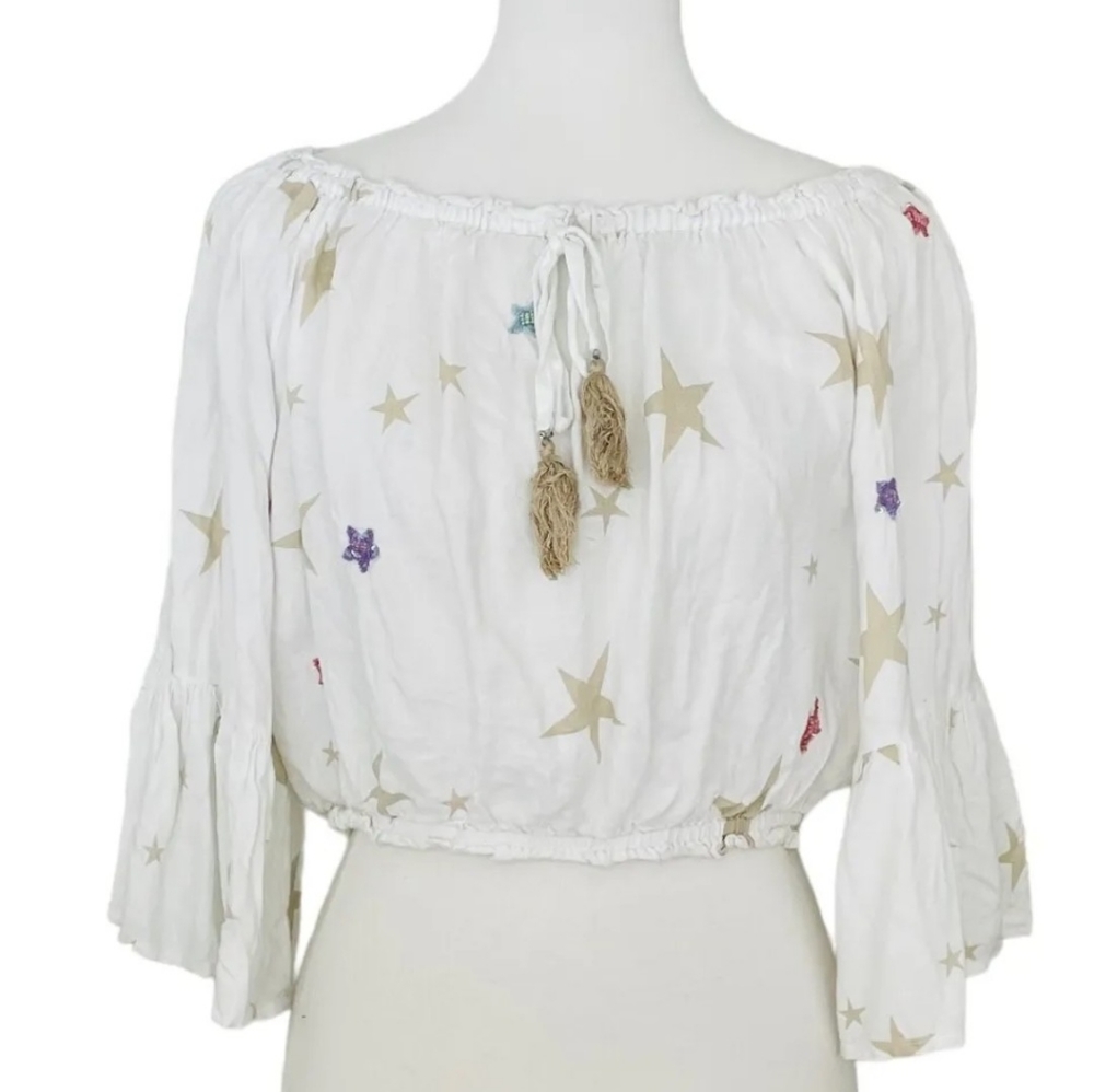 Beaded Star Off the Shoulder Bell Sleeve Tassel Crop Top; small